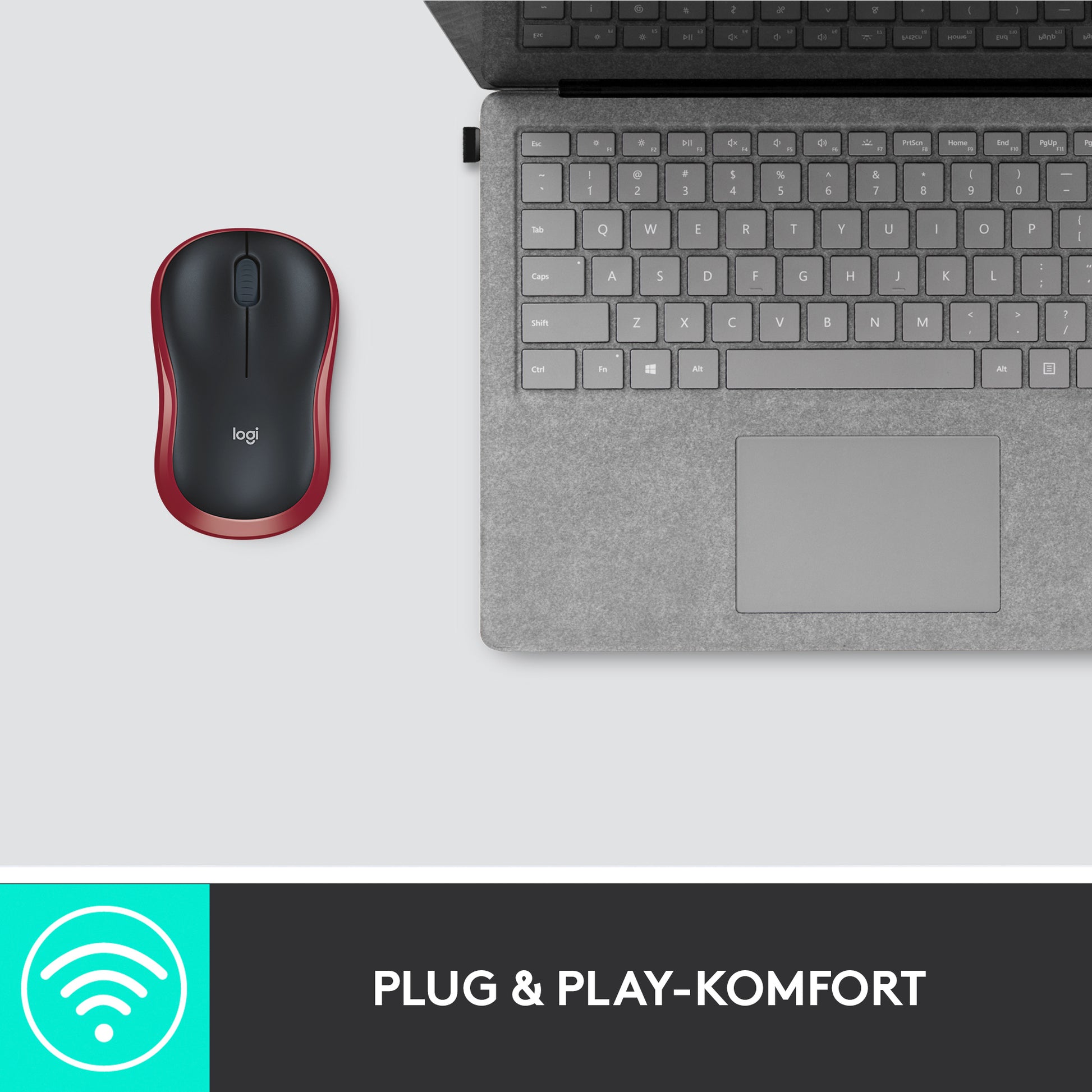 Logitech M185 Maus – kabellos, 2,4 GHz (USB-A), 1000 dpi, 3 Tasten, beidhändig, schwarz/rot