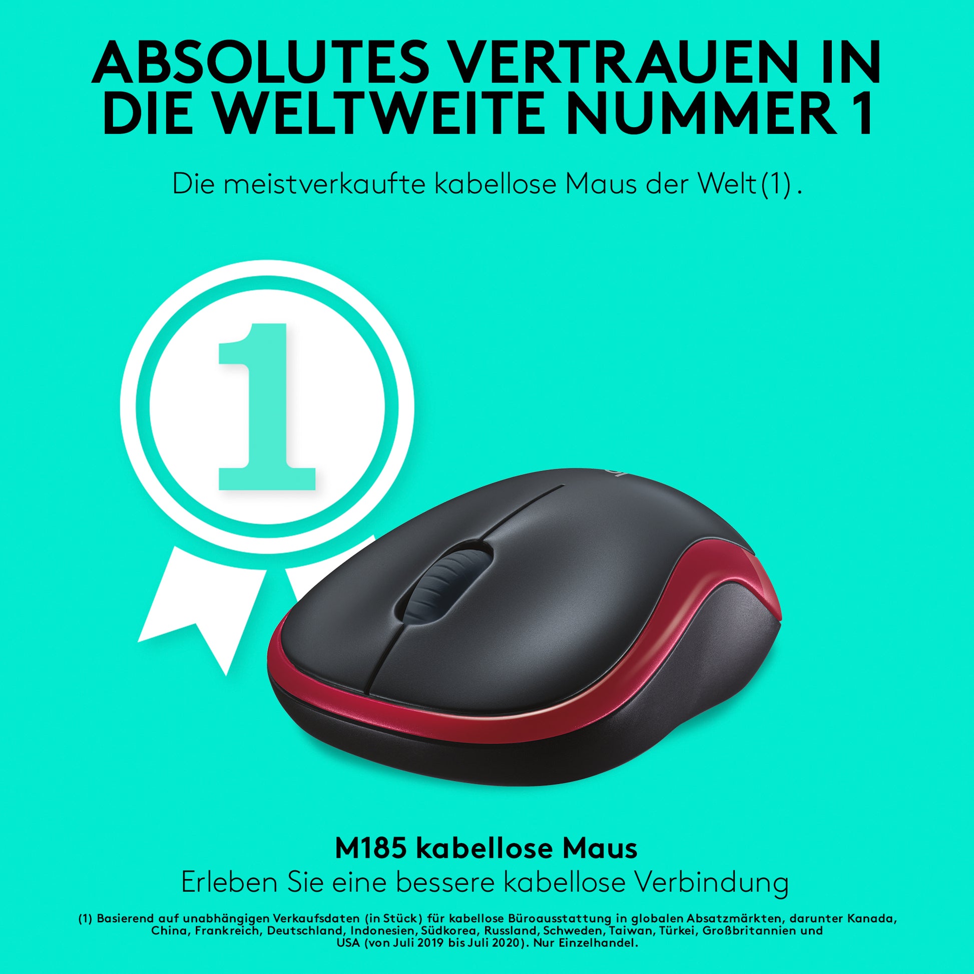 Logitech M185 Maus – kabellos, 2,4 GHz (USB-A), 1000 dpi, 3 Tasten, beidhändig, schwarz/rot