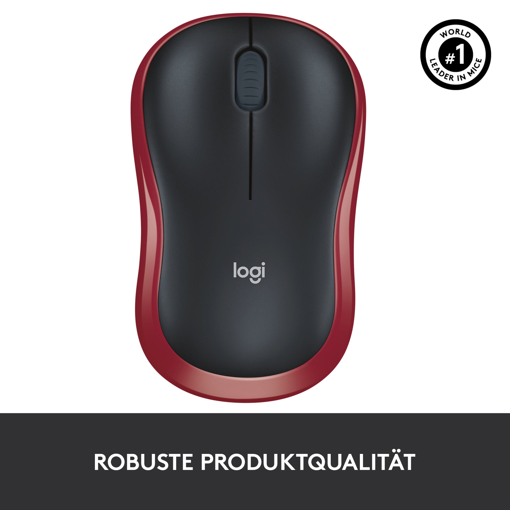 Logitech M185 Maus – kabellos, 2,4 GHz (USB-A), 1000 dpi, 3 Tasten, beidhändig, schwarz/rot