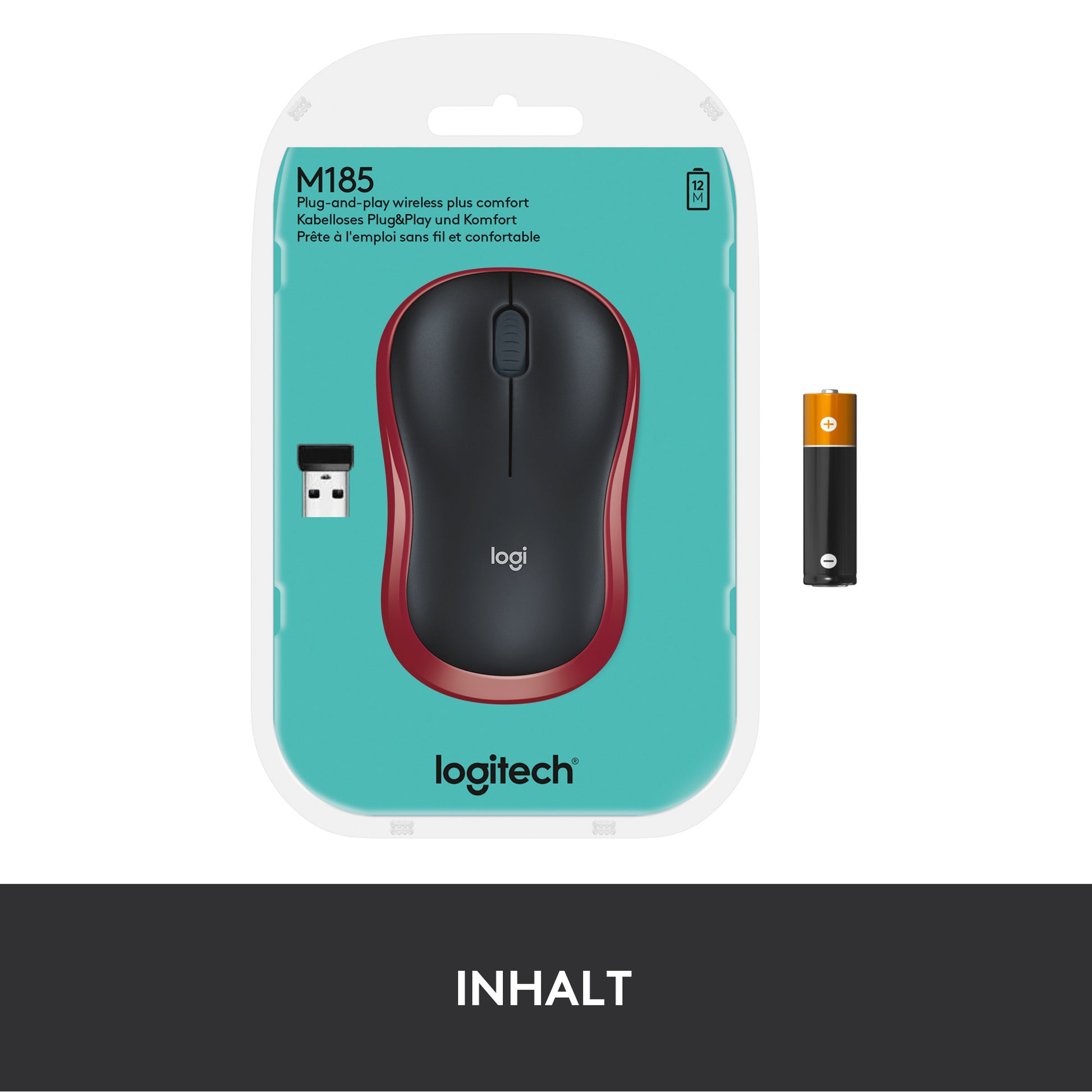 Logitech M185 Maus – kabellos, 2,4 GHz (USB-A), 1000 dpi, 3 Tasten, beidhändig, schwarz/rot
