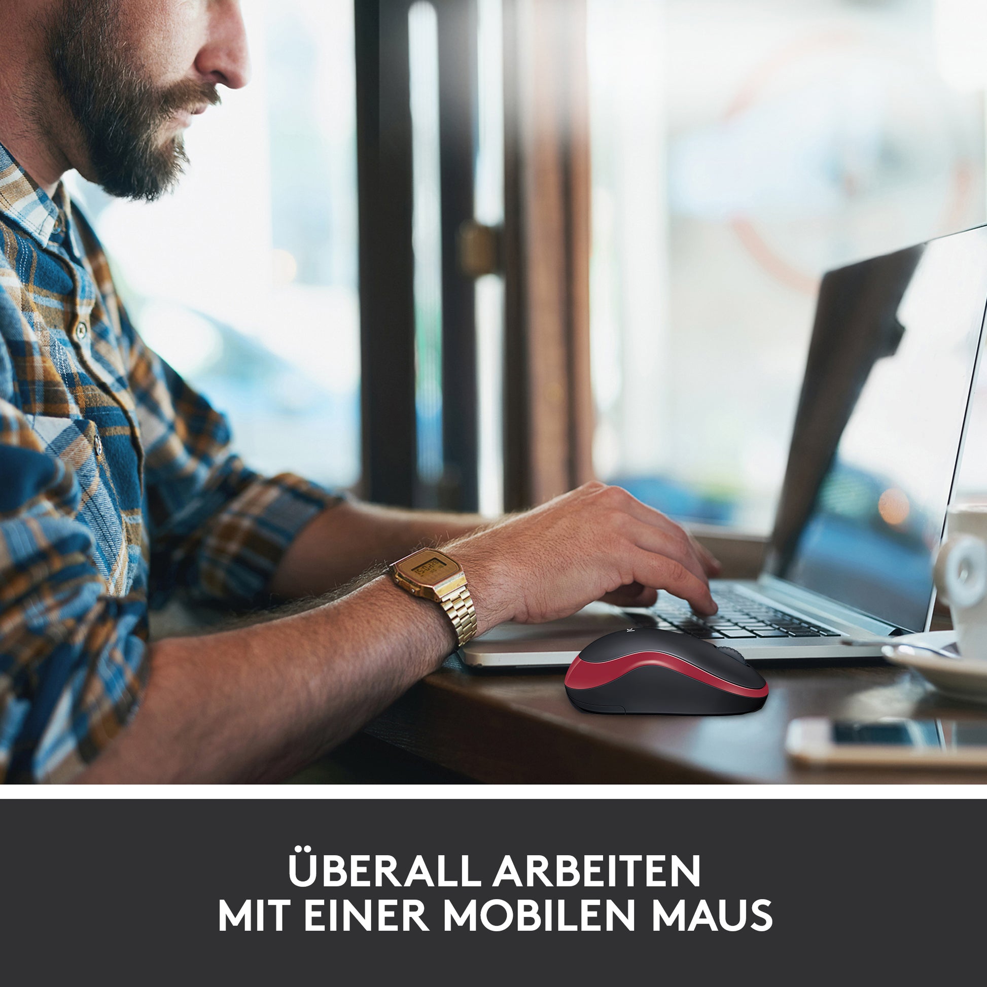 Logitech M185 Maus – kabellos, 2,4 GHz (USB-A), 1000 dpi, 3 Tasten, beidhändig, schwarz/rot