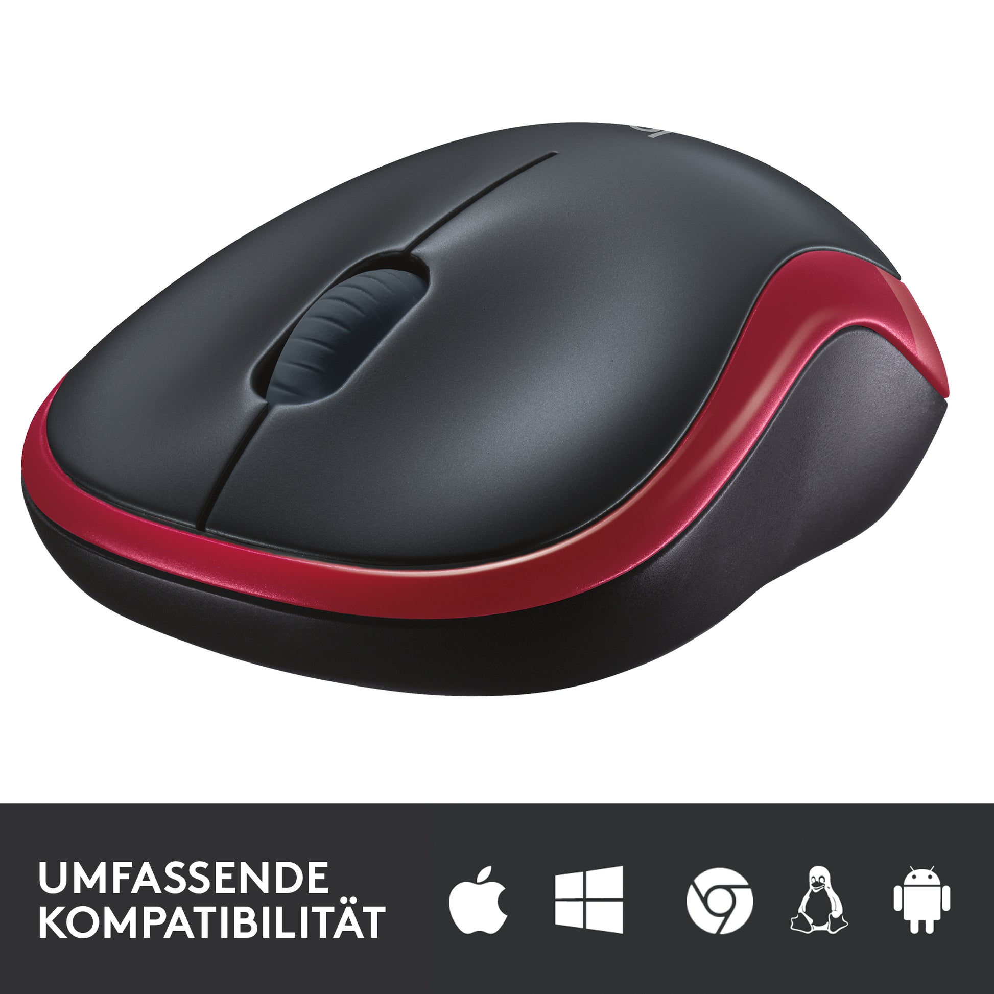 Logitech M185 Maus – kabellos, 2,4 GHz (USB-A), 1000 dpi, 3 Tasten, beidhändig, schwarz/rot