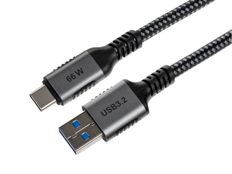 ONIT USB-A auf USB-C Kabel – USB 3.2 Gen 2 (10 Gbit/s) – 2 m – PD 66 W – Textilmantel – Schwarz/Grau