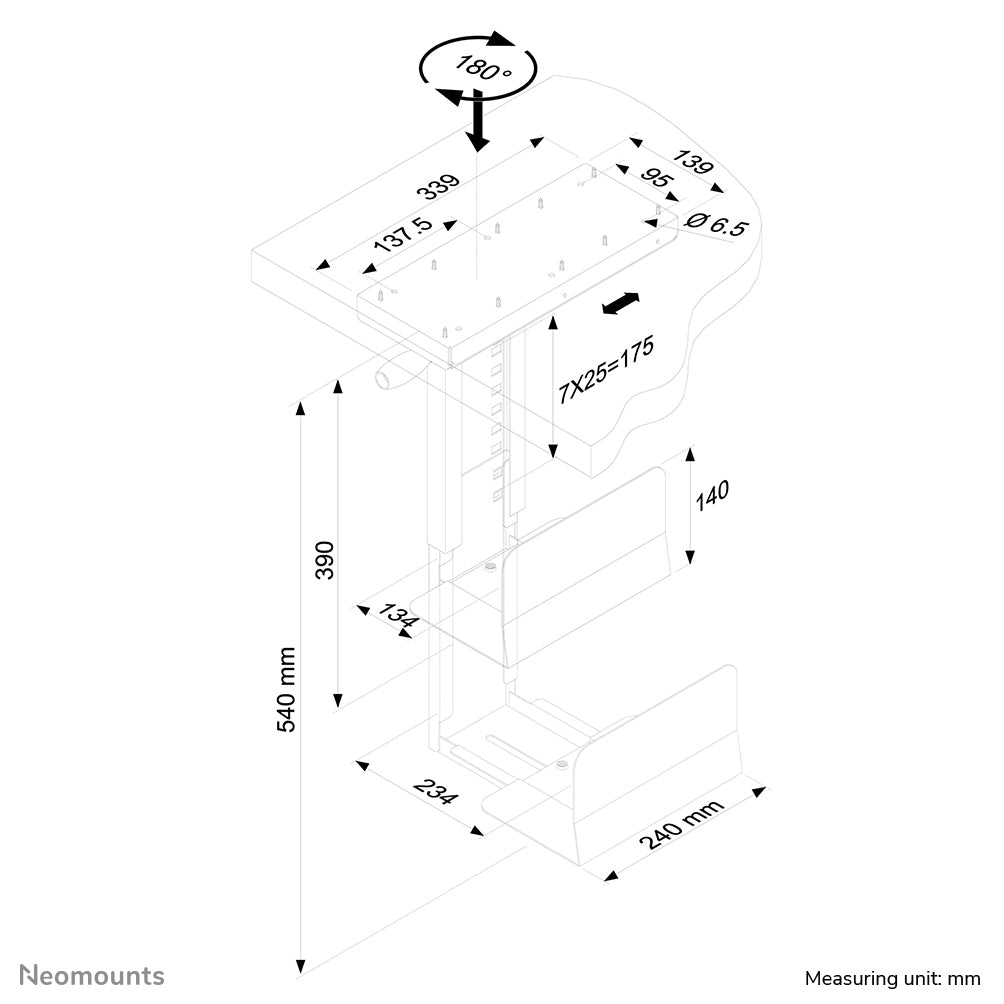 Neomounts CPU-Halterung für 13–23 cm Breite, 39–54 cm Höhe, 180° drehbar, bis 30 kg, Schwarz