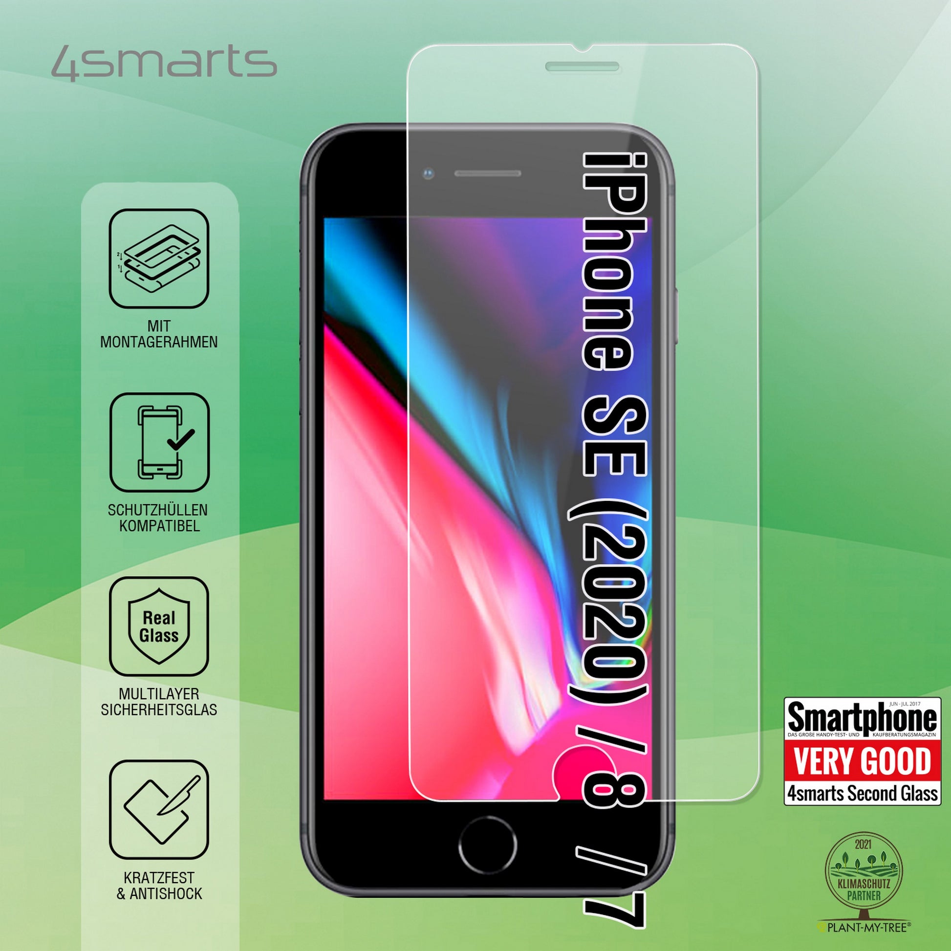 4smarts Displayschutzglas – für Apple iPhone SE (2020)/8/7 – stossfest, anti-fingerprint, Hartglas, 9H