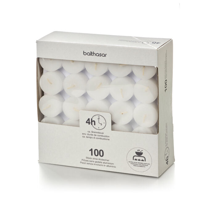Balthasar Teelichter – Ø 3,8 × 1,6 cm – weiss, 4 h – 100 Stück