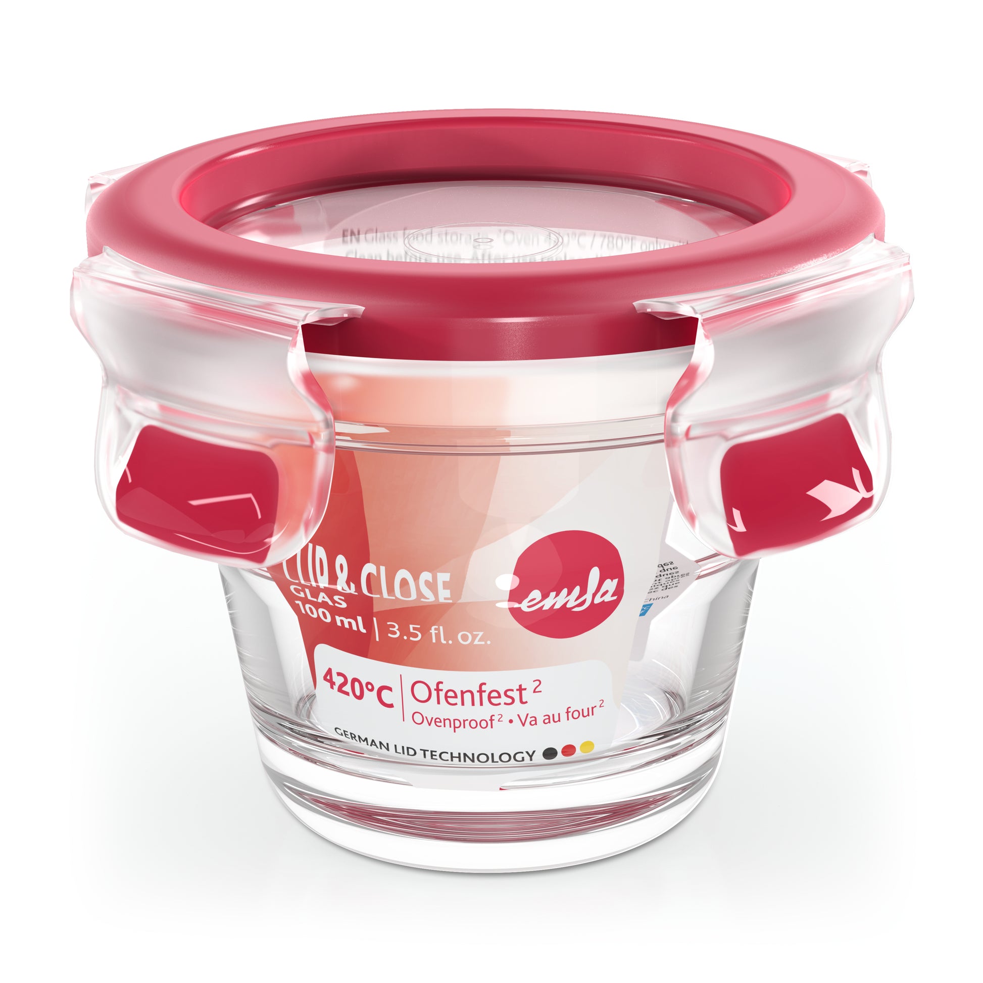 EMSA Clip & Close – Vorratsdose 100 ml, Ø 9,1 × 7 cm, Glas, Rot