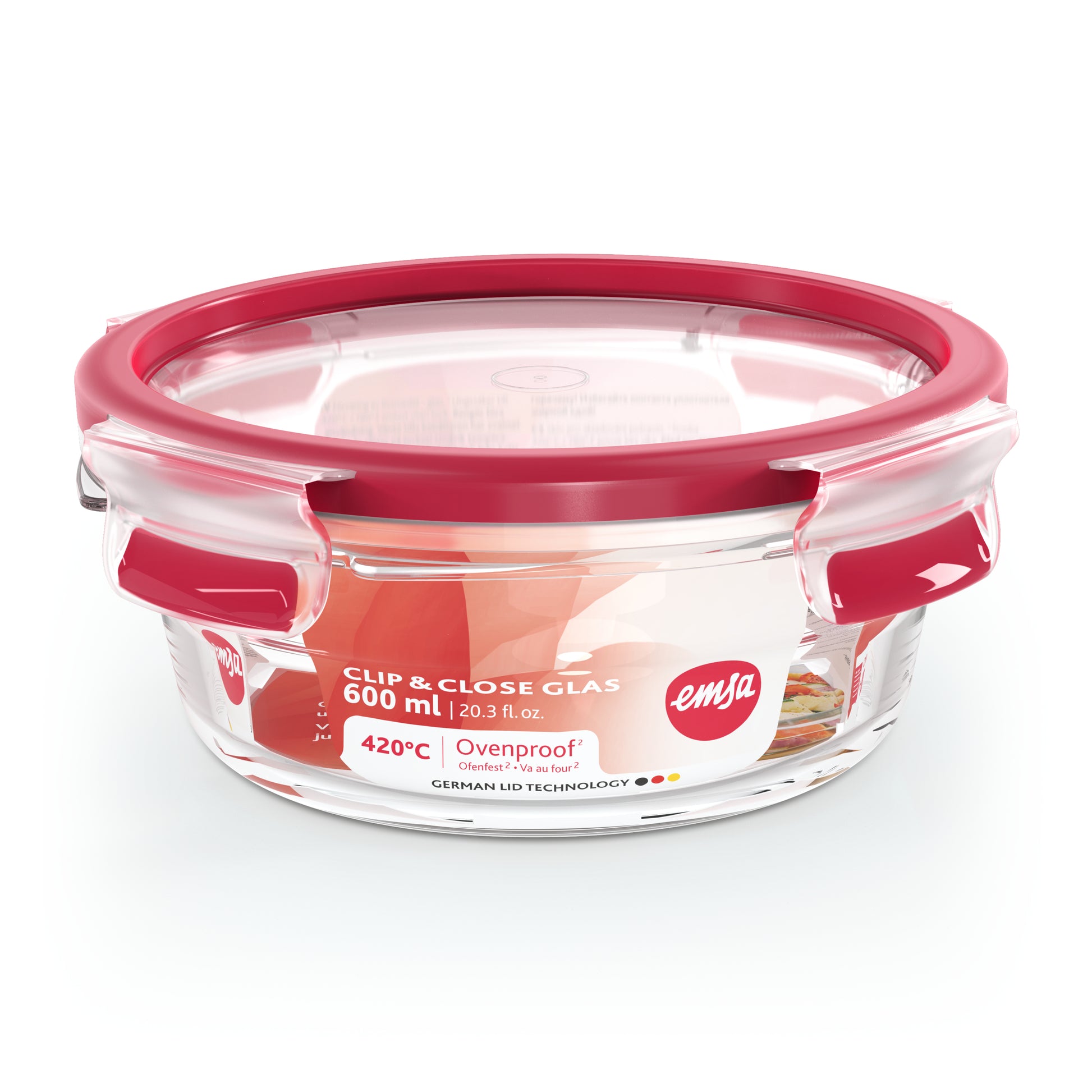 EMSA Vorratsdose 600 ml, 16,7 × 16,7 × 7 cm, Glas, Rot