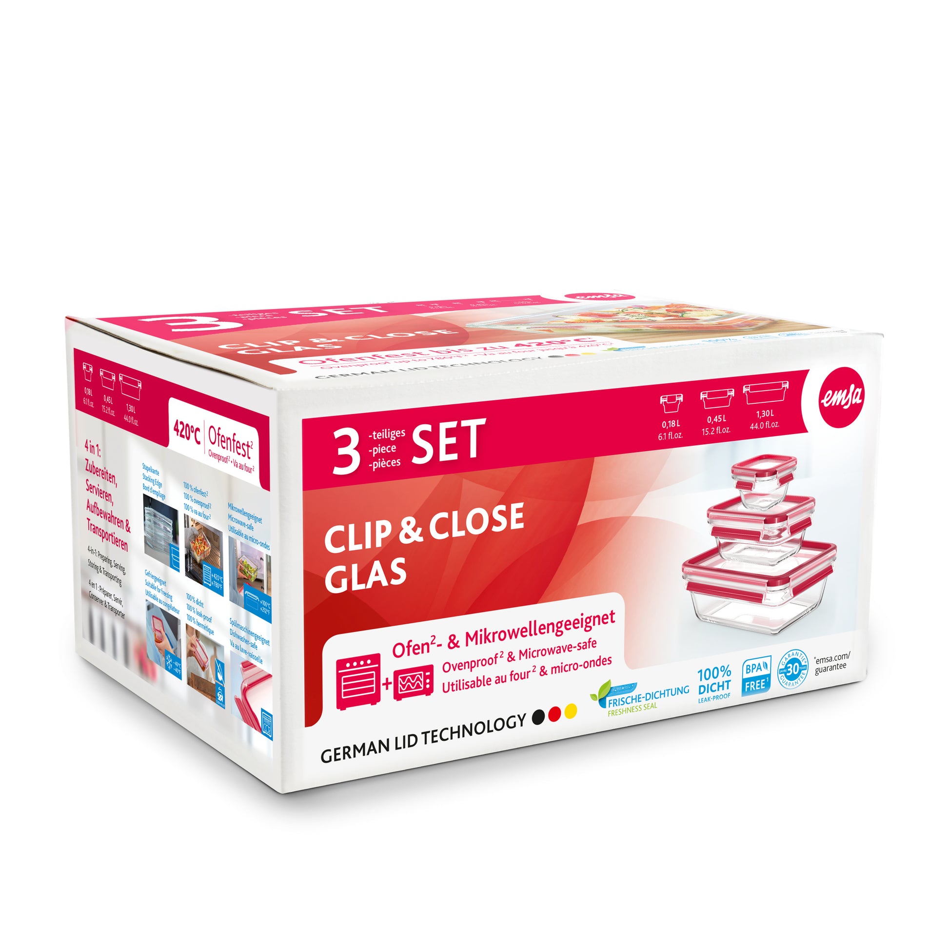 EMSA 3-teiliges Vorratsdosen-Set, 180 ml/450 ml/1,3 l, 17,8 × 24,0 × 12,7 cm, Glas, rot/transparent