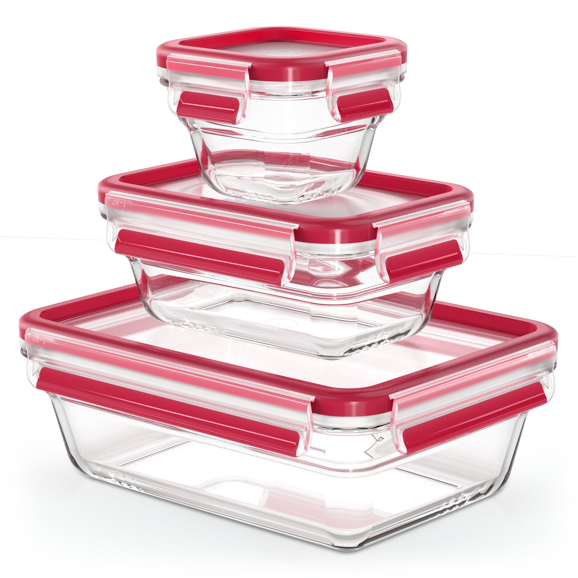 EMSA 3-teiliges Vorratsdosen-Set, 180 ml/450 ml/1,3 l, 17,8 × 24,0 × 12,7 cm, Glas, rot/transparent