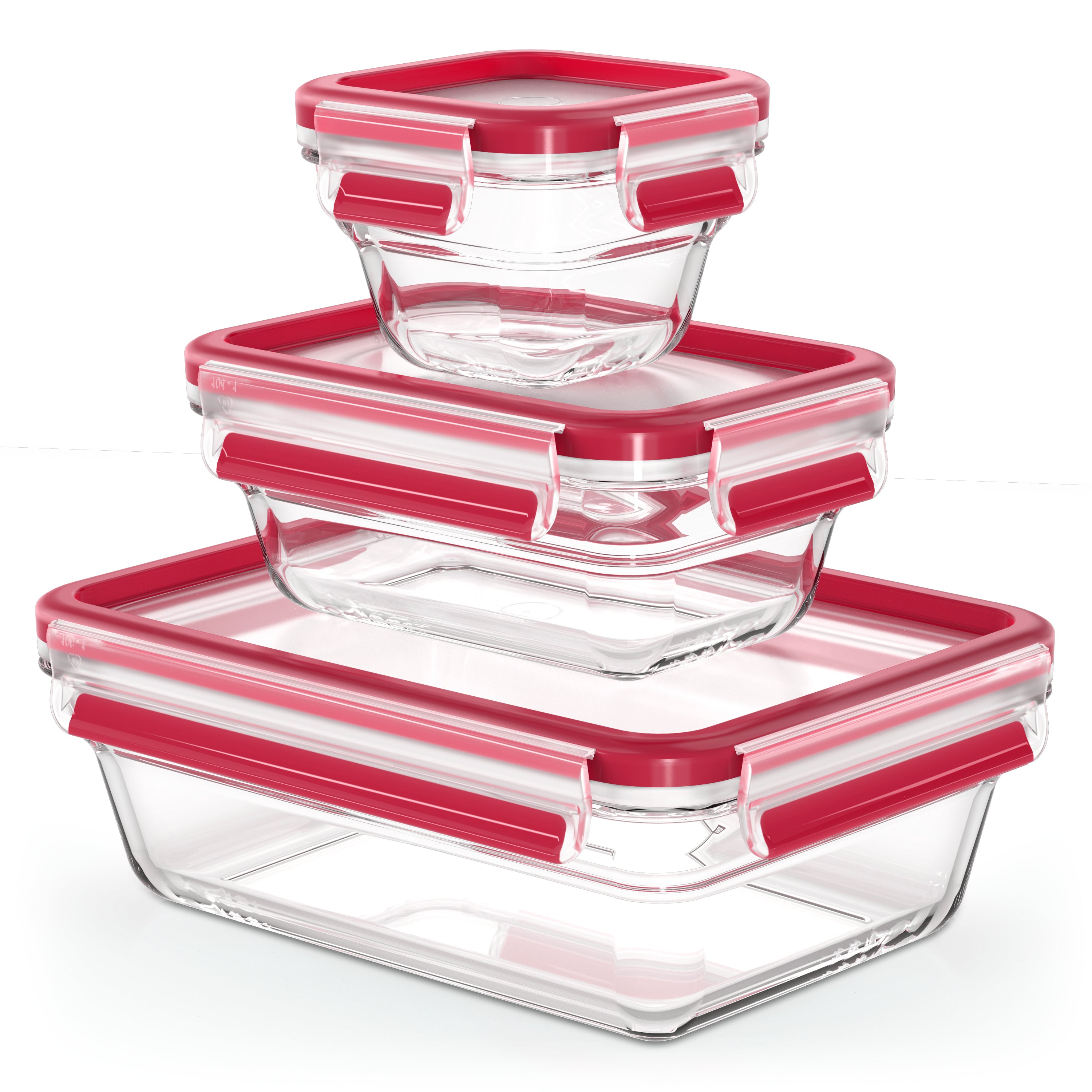 EMSA 3-teiliges Vorratsdosen-Set, 180 ml/450 ml/1,3 l, 17,8 × 24,0 × 12,7 cm, Glas, rot/transparent