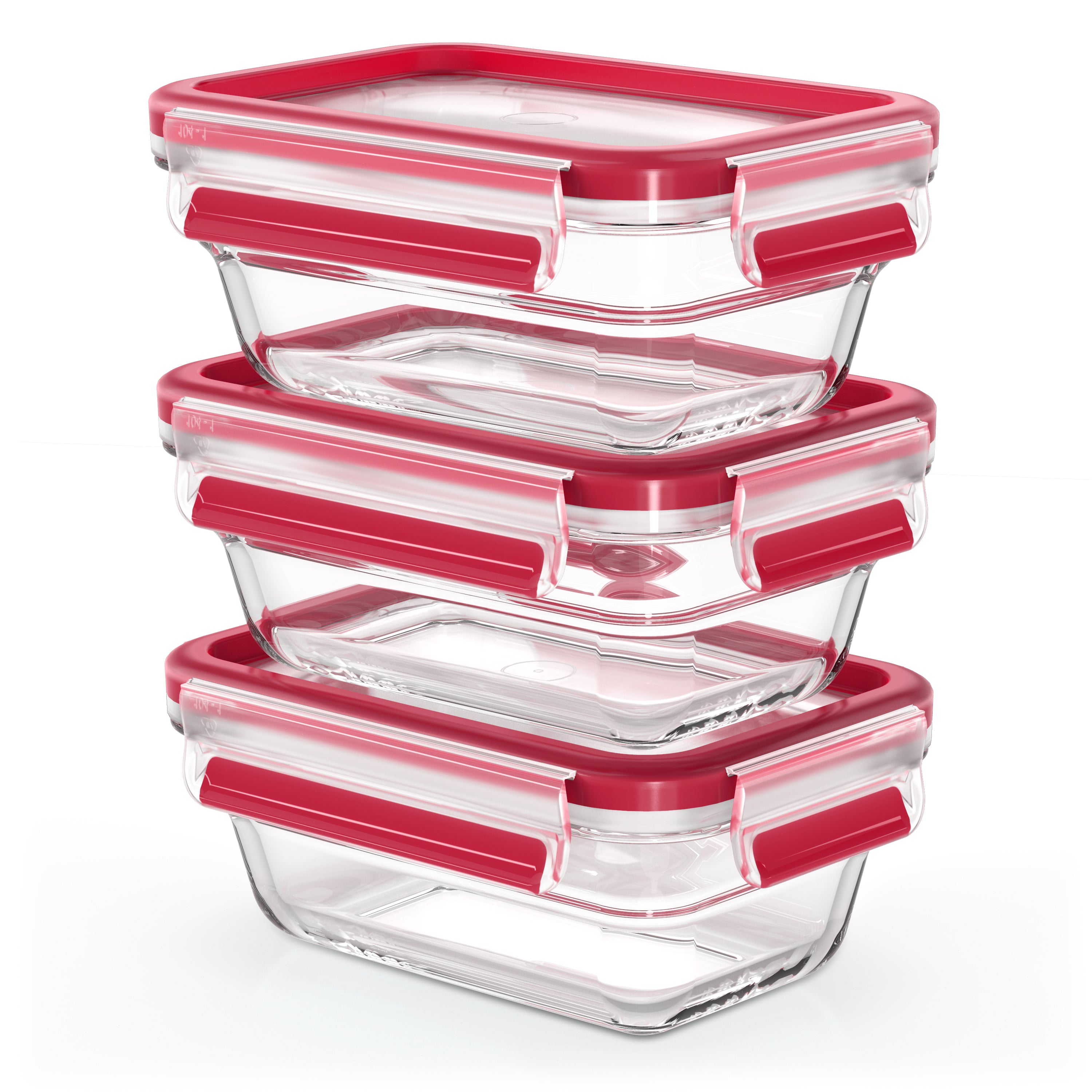 Emsa Glasbehälter Clip & Close – 0,45 l – eckig – 12,6 × 21 × 18,3 cm – Borosilikatglas – rot – 3 Stück