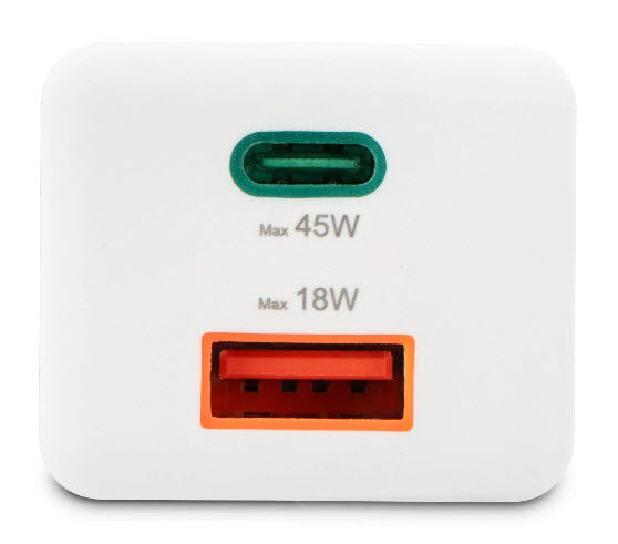Hama 00201993 USB-Ladegerät 45 W – USB-C×1, USB-A×1 – PD, QC 3.0 – GaN, EU-Stecker (Typ C), Weiss