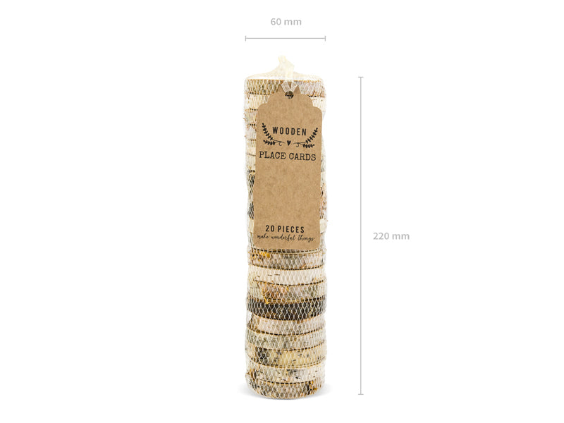 PartyDeco Tischkarten Holzscheibe Hochzeit – Braun – Ø 4,5–6,5 cm × 1 cm – Holz (Eiche) – 20 Stk