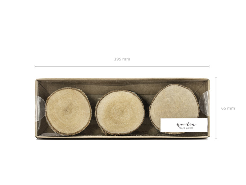 PartyDeco Tischkarten Holzscheibe Hochzeit – Braun – Ø 4,5–6,5 cm – Holz (Weide) – 6 Stk