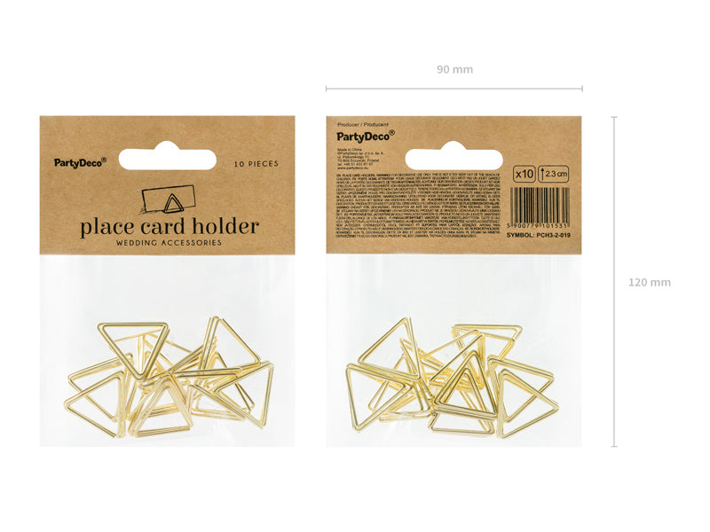 PartyDeco Tischkartenhalter Triangel Hochzeit – Gold – 9 × 12 cm – 10 Stk