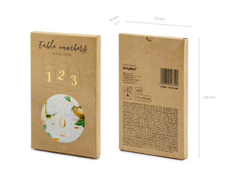 PartyDeco Tischnummern Karten Hochzeit – gold/transparent – 7 × 12 cm – Papier – 20 Stk
