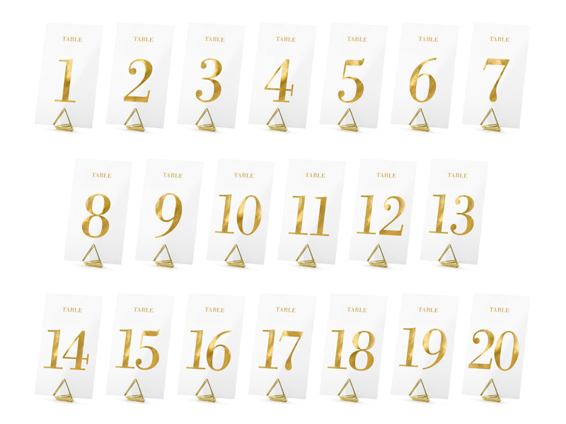 PartyDeco Tischnummern Karten Hochzeit – gold/transparent – 7 × 12 cm – Papier – 20 Stk
