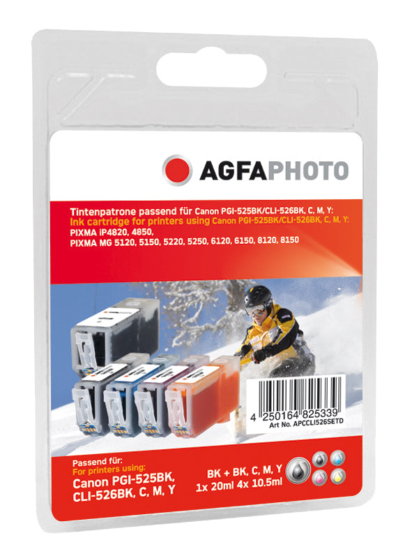AgfaPhoto Tintenpatronen-Multipack, Schwarz/Cyan/Magenta/Gelb (Kompatibel) – für Canon Pixma MG 5250/5340/5350