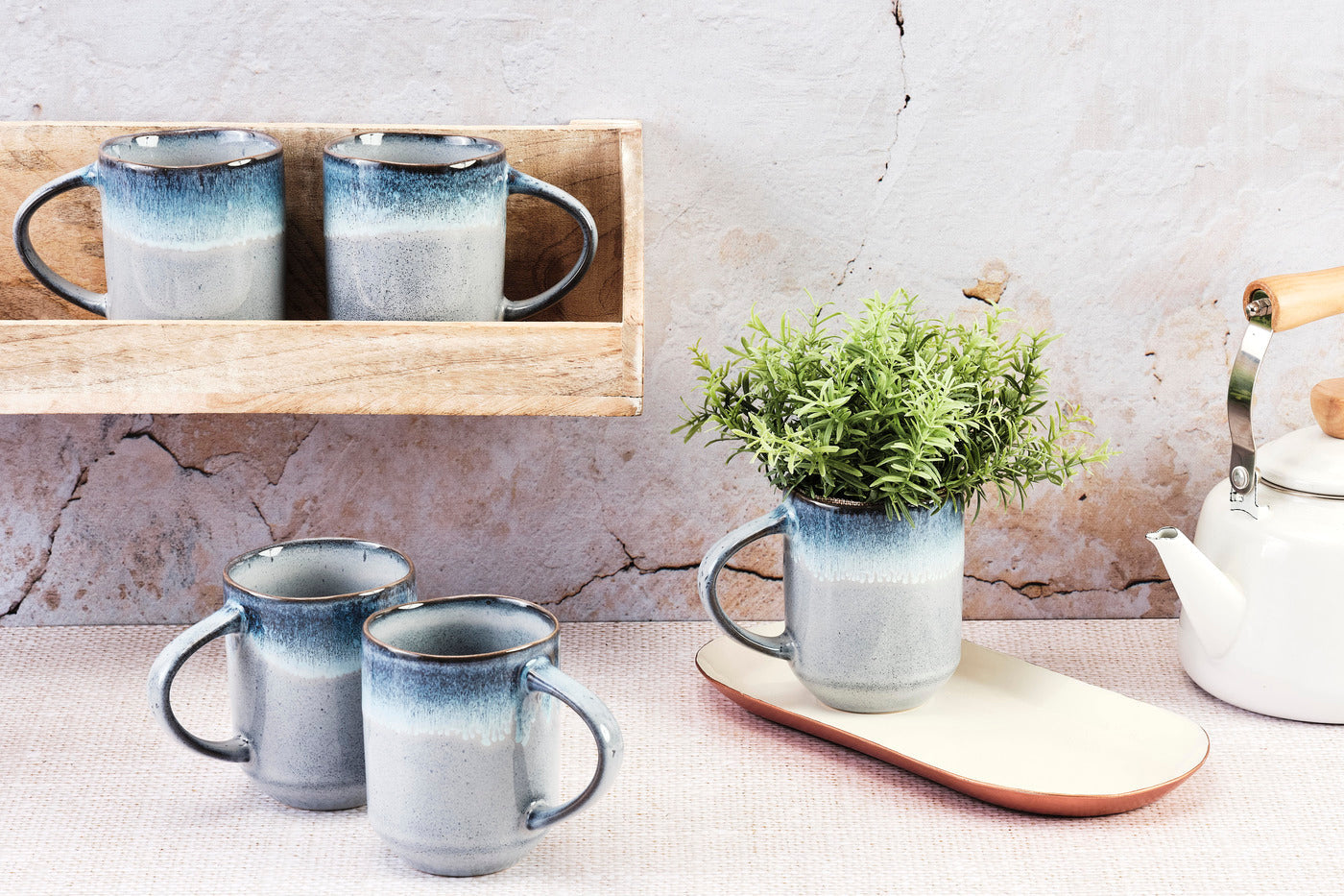 Björn GENESIS Tasse – 0,40 l, Steingut, Blau, Spülmaschinengeeignet, Mikrowellengeeignet, 6 Stück