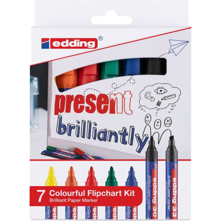 Edding Flipchart-Marker Brilliant Paper 30/33 – Rundspitze, Keilspitze – Sortiert – 7er-Set – Nachfüllbar