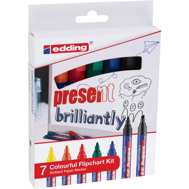Edding Flipchart-Marker – 6 Farben, 7 Stk., wasserfest, nachfüllbar – für viele Oberflächen