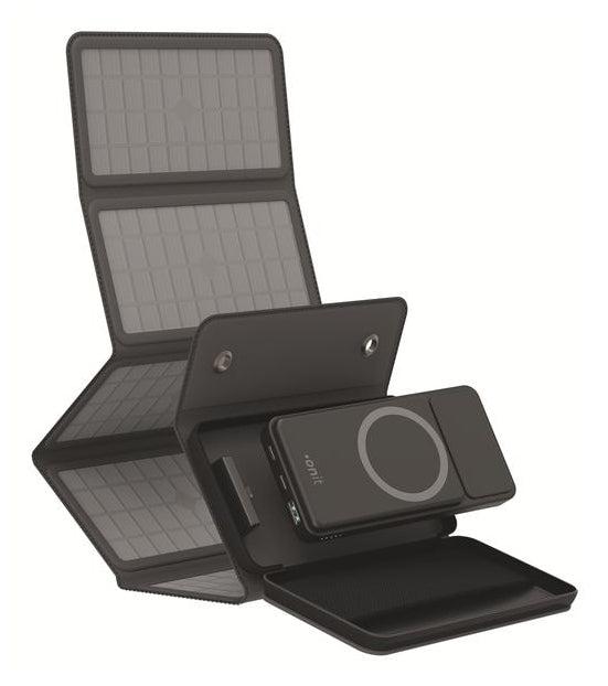 ONIT Powerbank 10000 mAh, PD 20 W, Kabelloses Laden, Solarpanel 10,8 W, Schwarz