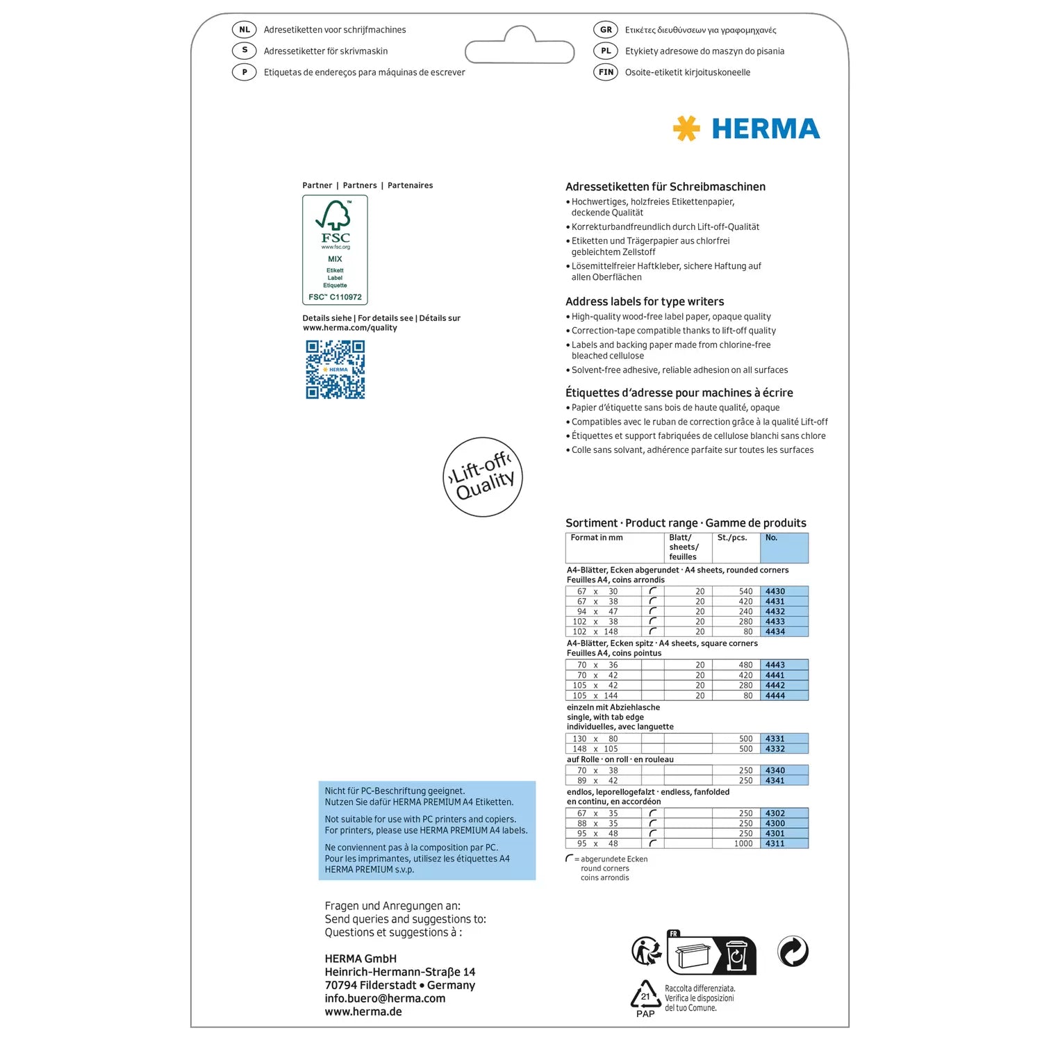 HERMA Adressetiketten, Lift-off-Qualität – für Schreibmaschinen (bis 4 Durchschläge) – 280er-Pack