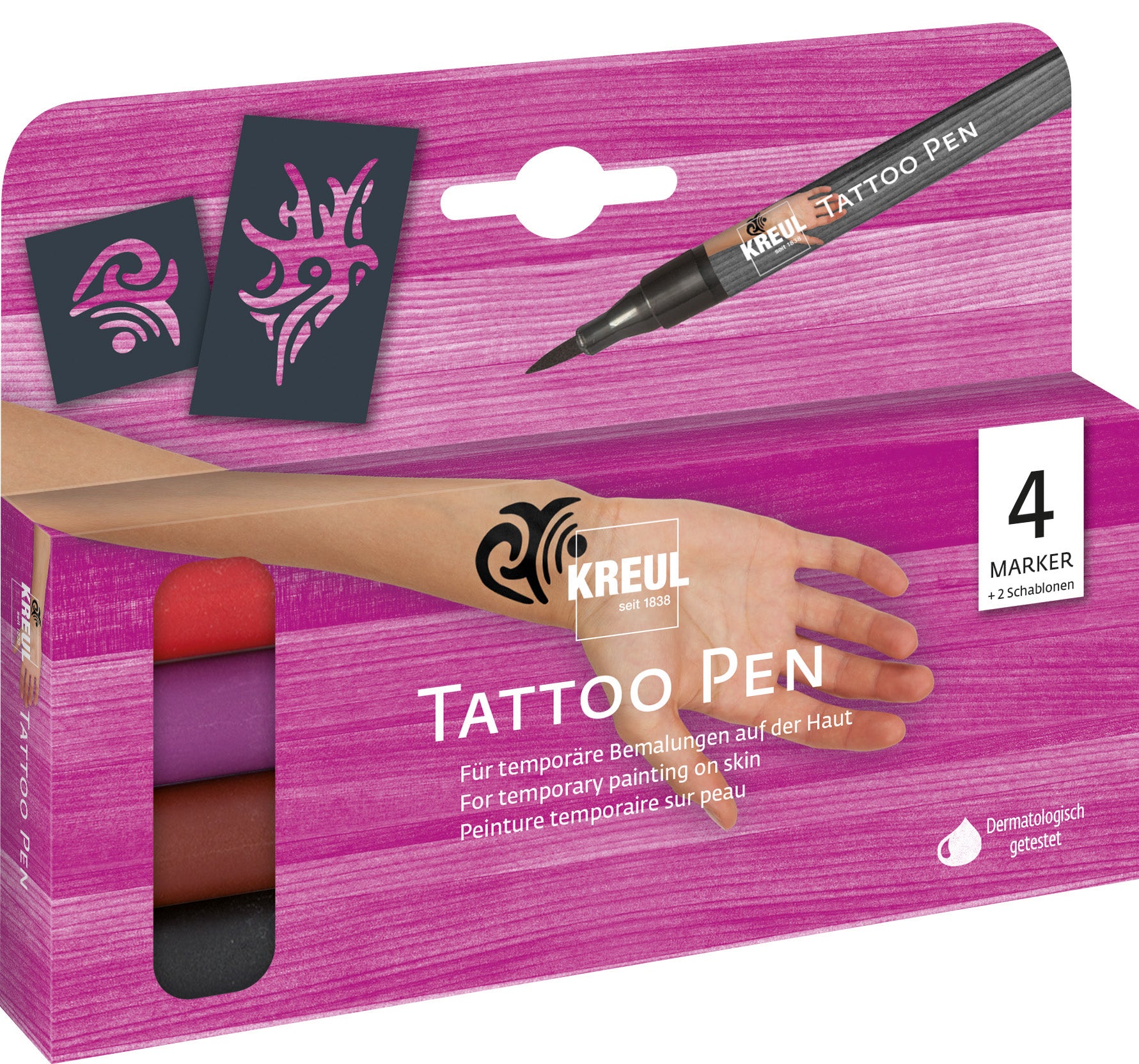 KREUL Tattoo-Marker – schwarz, rot, violett, 4 Stk., schnelltrocknend, wasserfest – für Haut