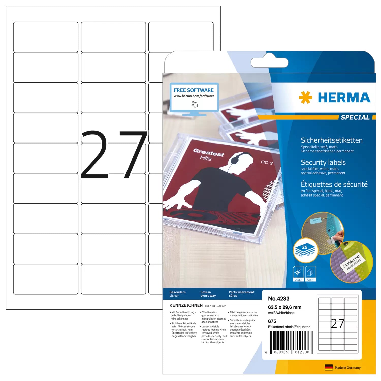 HERMA Sicherheitsetiketten 4233 – A4, stark haftend