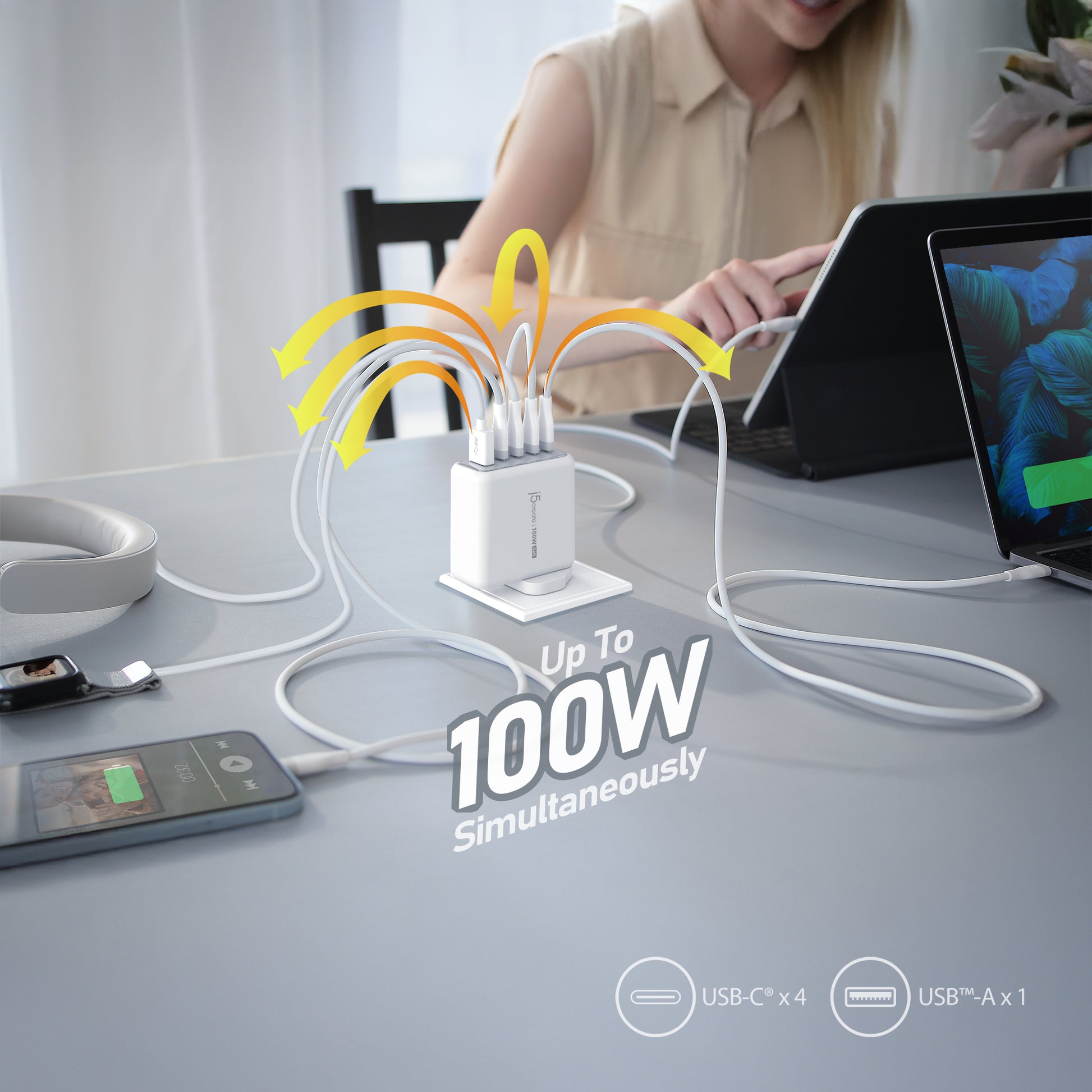 j5create Ladegerät – 100 W, 5× USB-C, GaN