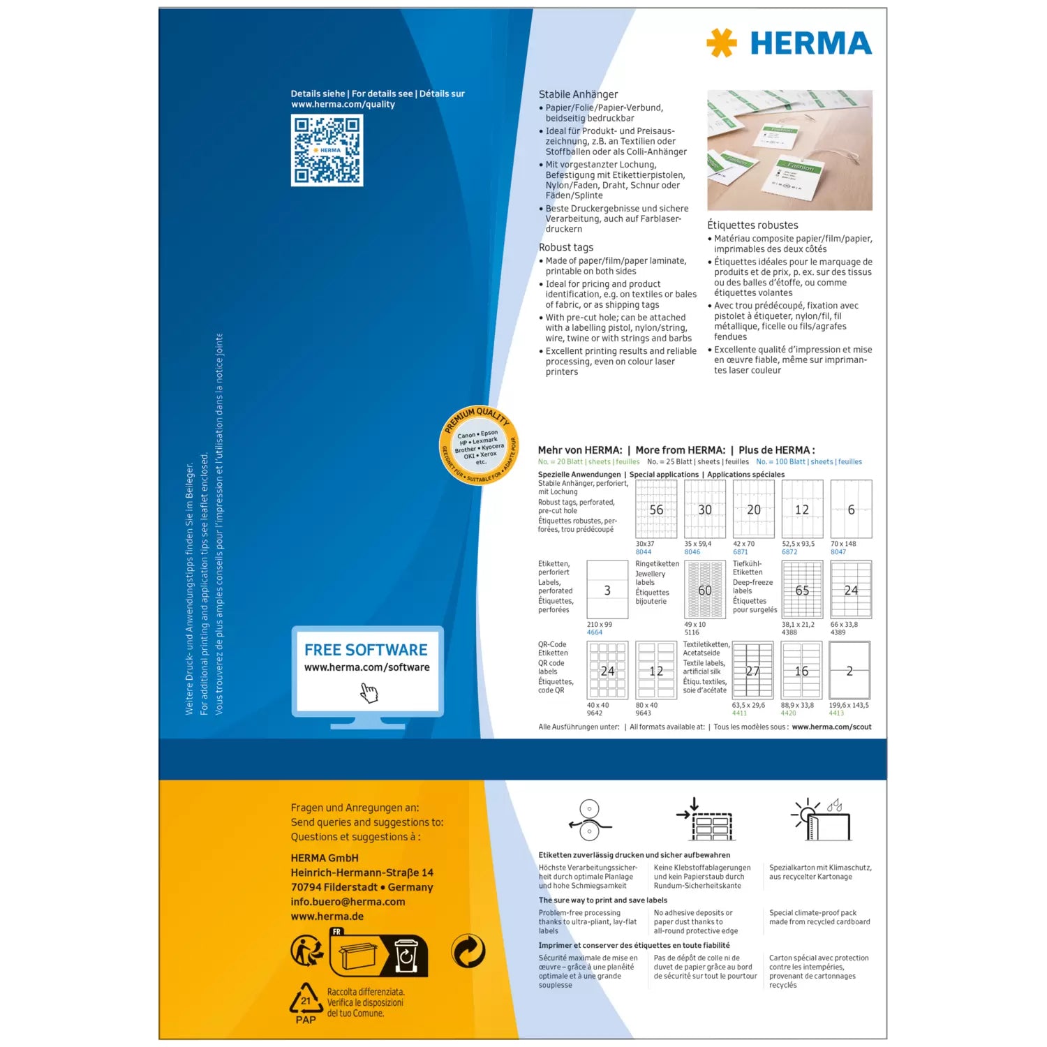 HERMA Schmucketiketten – Papier, nicht klebend, 1200 Stk, 100 Bogen, 52,5×93,5 mm