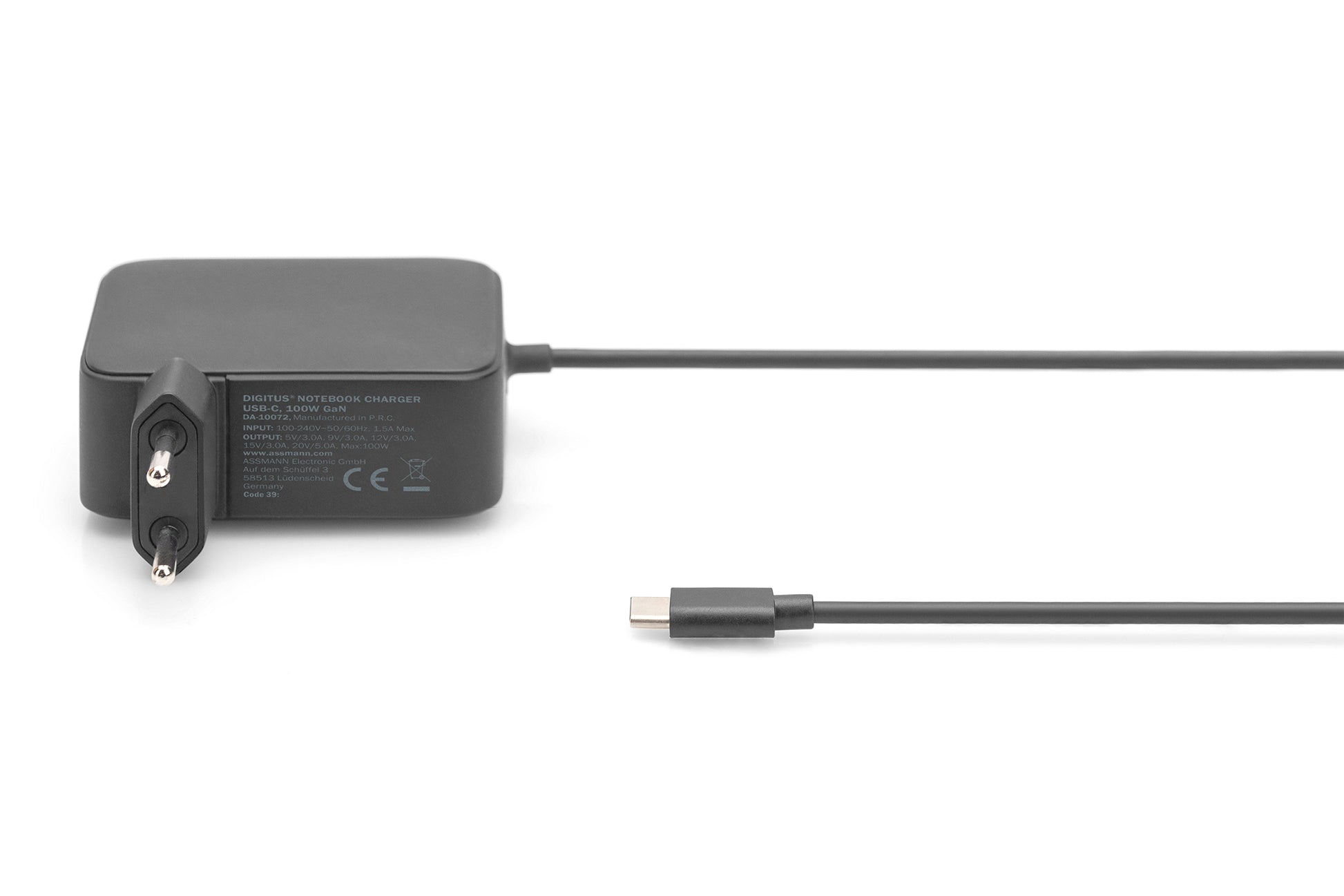 Digitus DA-10072 USB-Wandladegerät 100 W – USB-C×1, PD 3.0, GaN – mit 1,2 m Kabel, Schwarz