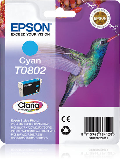 Epson T0802 Cyan Tintenpatrone (Original) – 7,4 ml – für Epson Stylus Photo RX685/RX585/R360 …