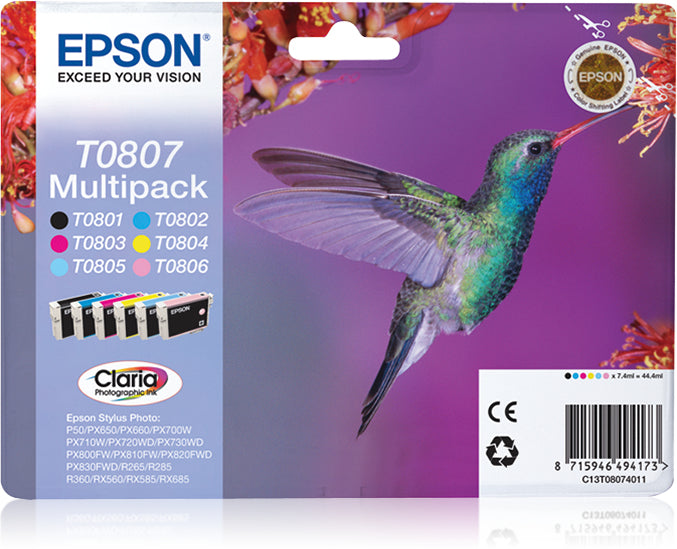 Epson Tintenpatronen-Multipack T0807 (C13T08074021), Original – für Stylus Photo RX685, RX585, RX560 und andere