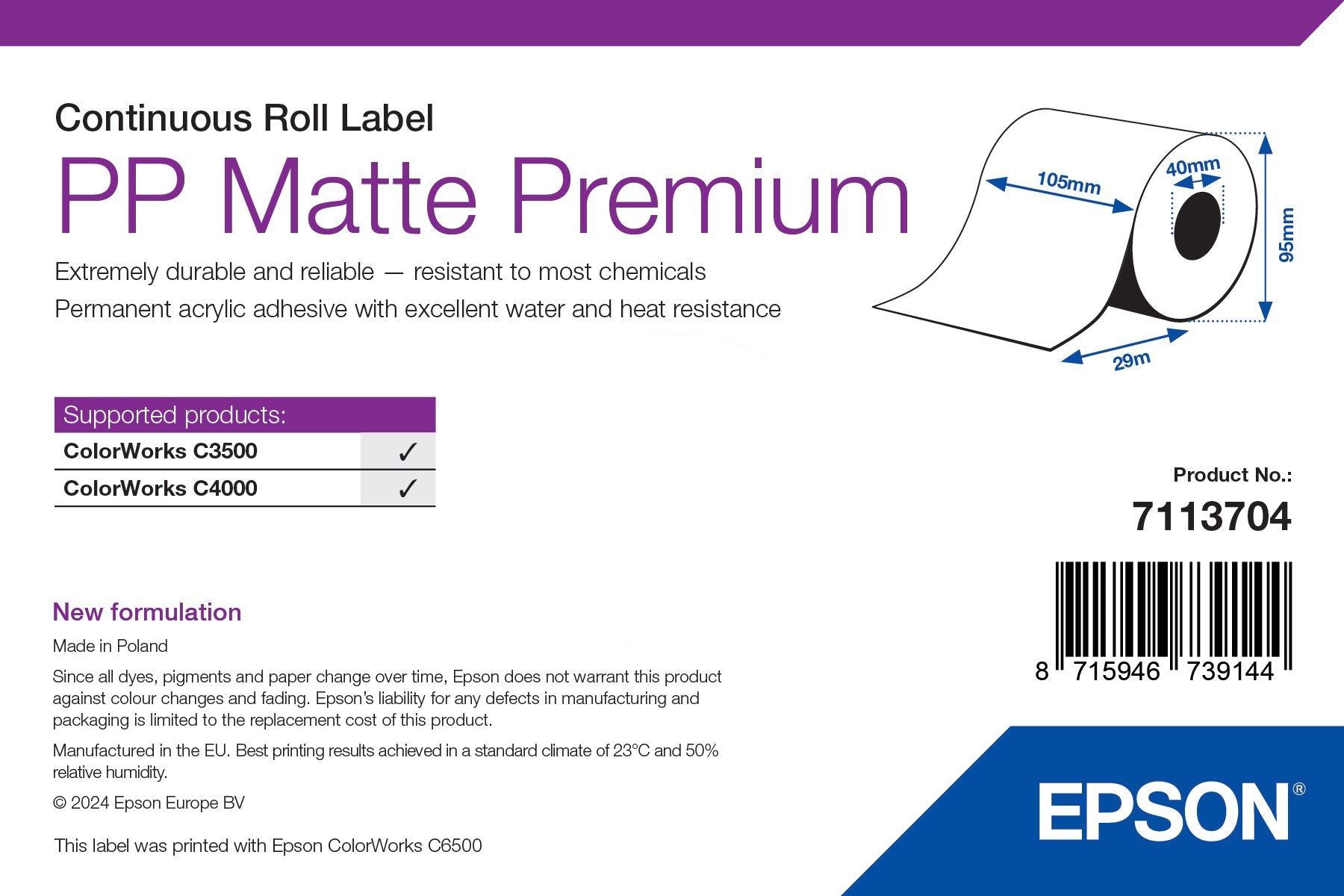 Epson Endlos-Kartonschilder, 105 mm × 29 m, Polypropylen, matt, nicht klebend