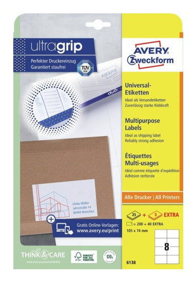 Avery 6138 – Etiketten A4 105 × 74 mm – Papier, weiss – Laser/Inkjet – 8 pro Blatt, 30 Blätter