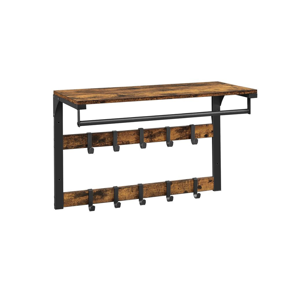 Vasagle Wandgarderobe – 10 Haken, mit Ablage, Stahl/Spanplatte, Braun/Schwarz, 65 × 30 × 42 cm
