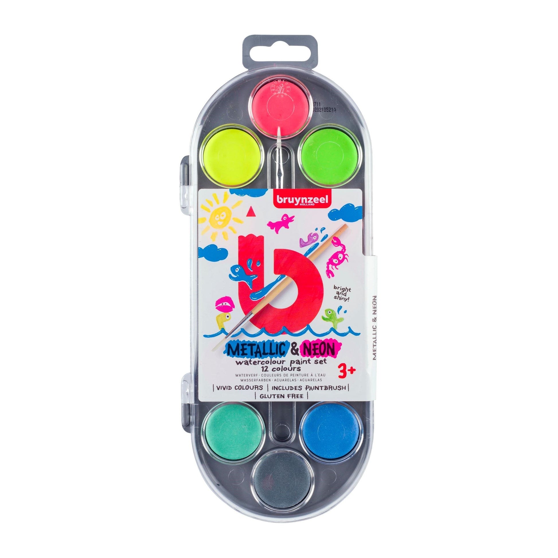 Bruynzeel Aquarellfarben – Mehrfarbig, Metallic/Neon – 12 Farben, inklusive Pinsel