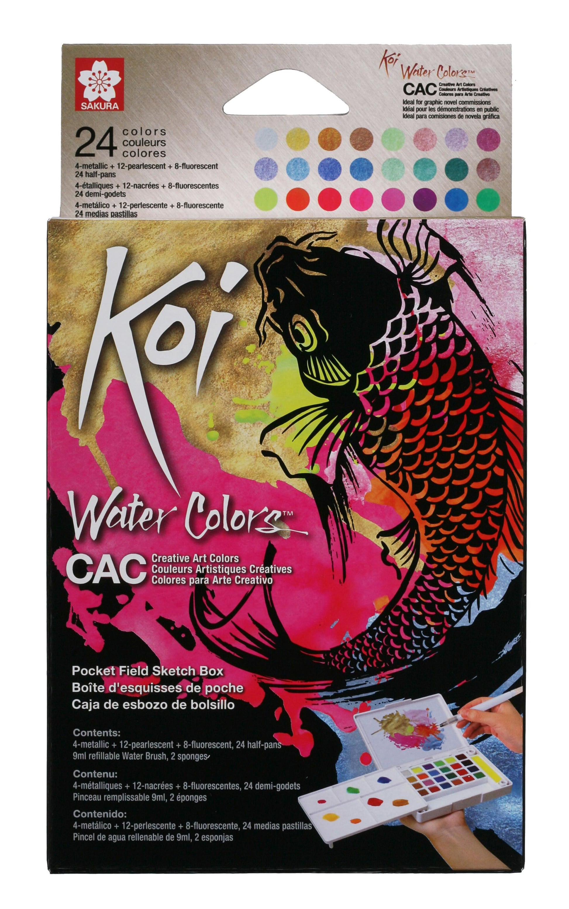 Sakura Koi Aquarellfarbe – Mehrfarbig, Metallic – 24 Farben (Palette, 24 Näpfchen) – für Papier