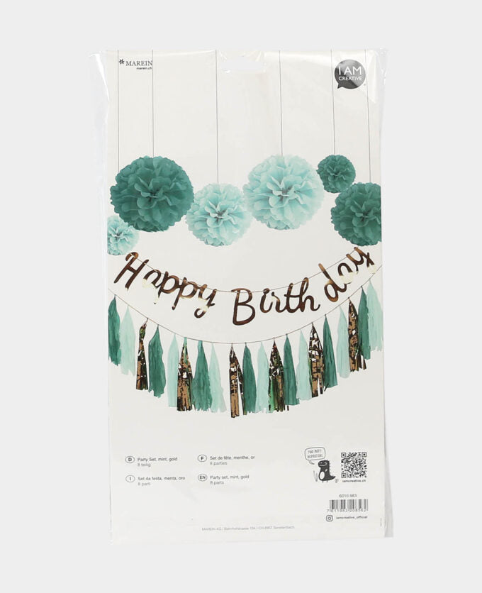 I am Creative Party-Set Happy Birthday – Gold, Mint – 22 × 4 × 43 cm – Papier/Kunststoff – 8 Stk