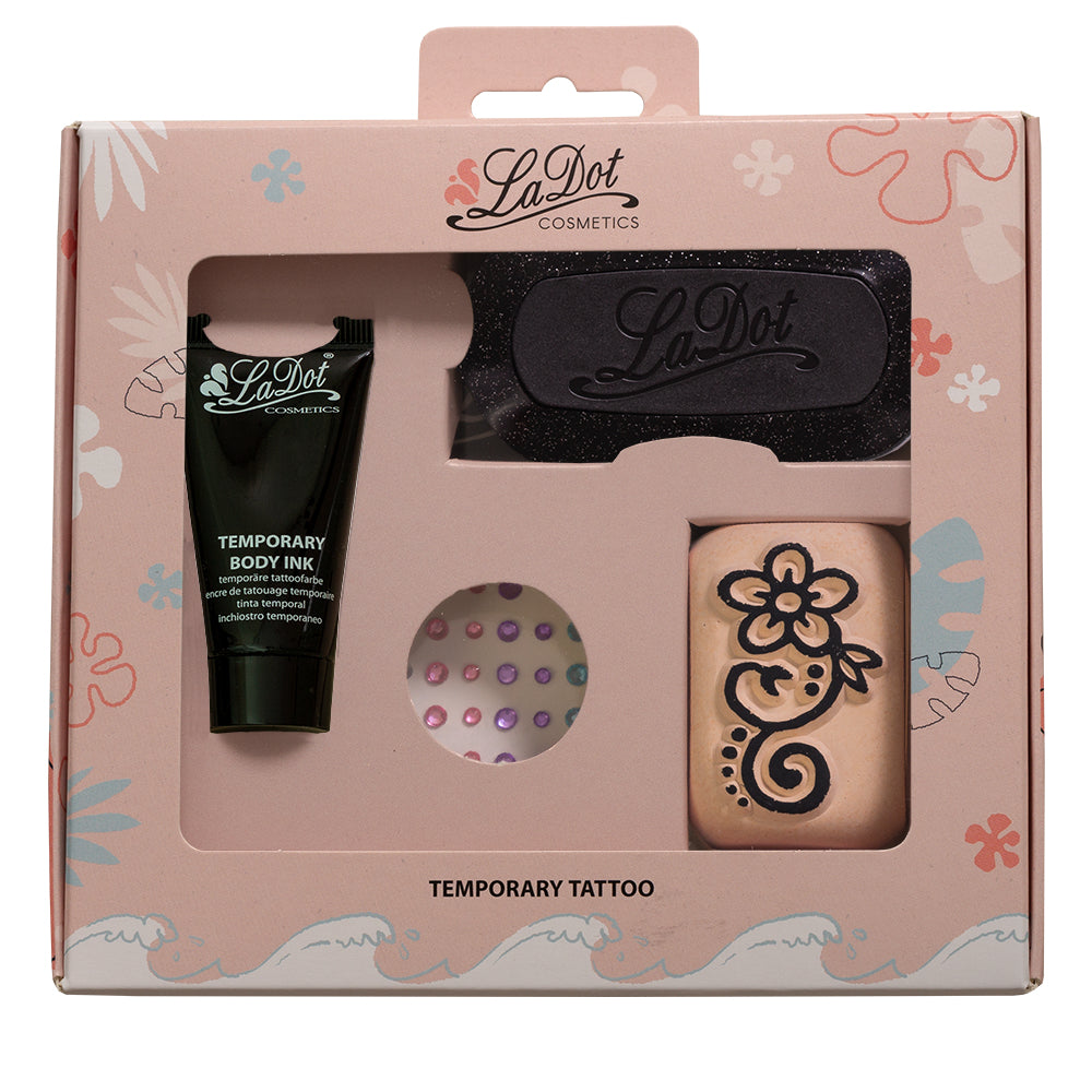 LaDot Tattoo-Stempel-Set – Set 2 – 15 ml Schwarz – inkl. Schablonen & Strasssteine