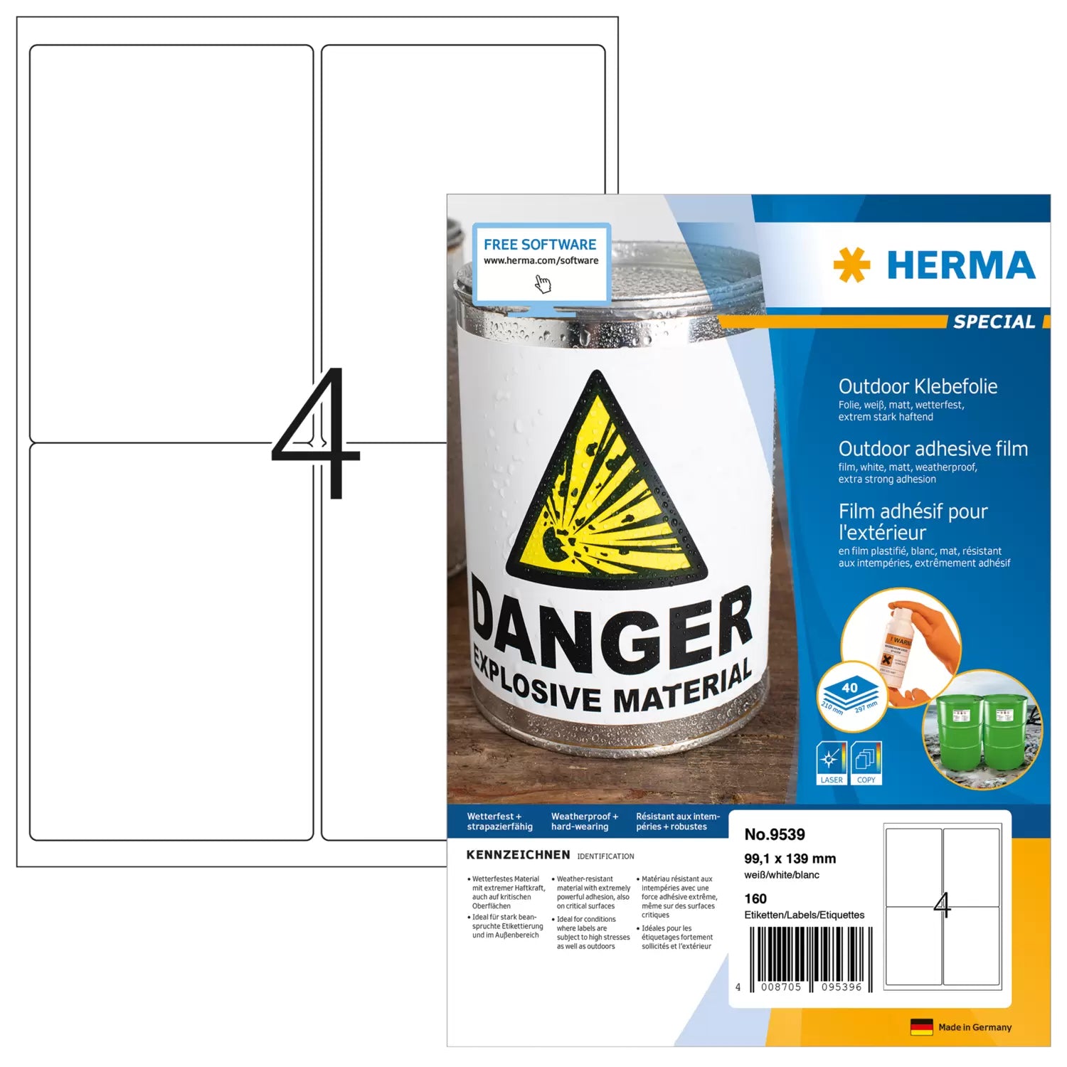 HERMA Drucketiketten, 99 mm × 139 mm, weiss, Folie, extra stark, 40 Blätter (160 Etiketten)