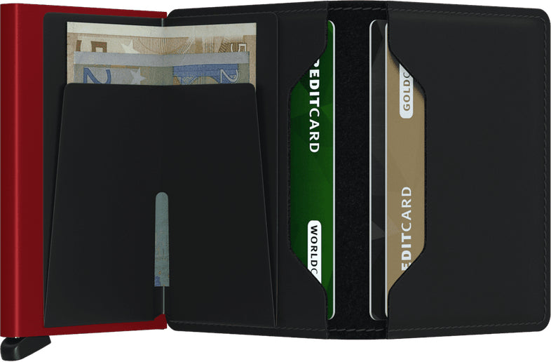 Secrid Slimwallet Kartenetui – RFID-Schutz – 68 × 16 × 102 mm, 10 Karten – Schwarz/Rot – Aluminium, Leder