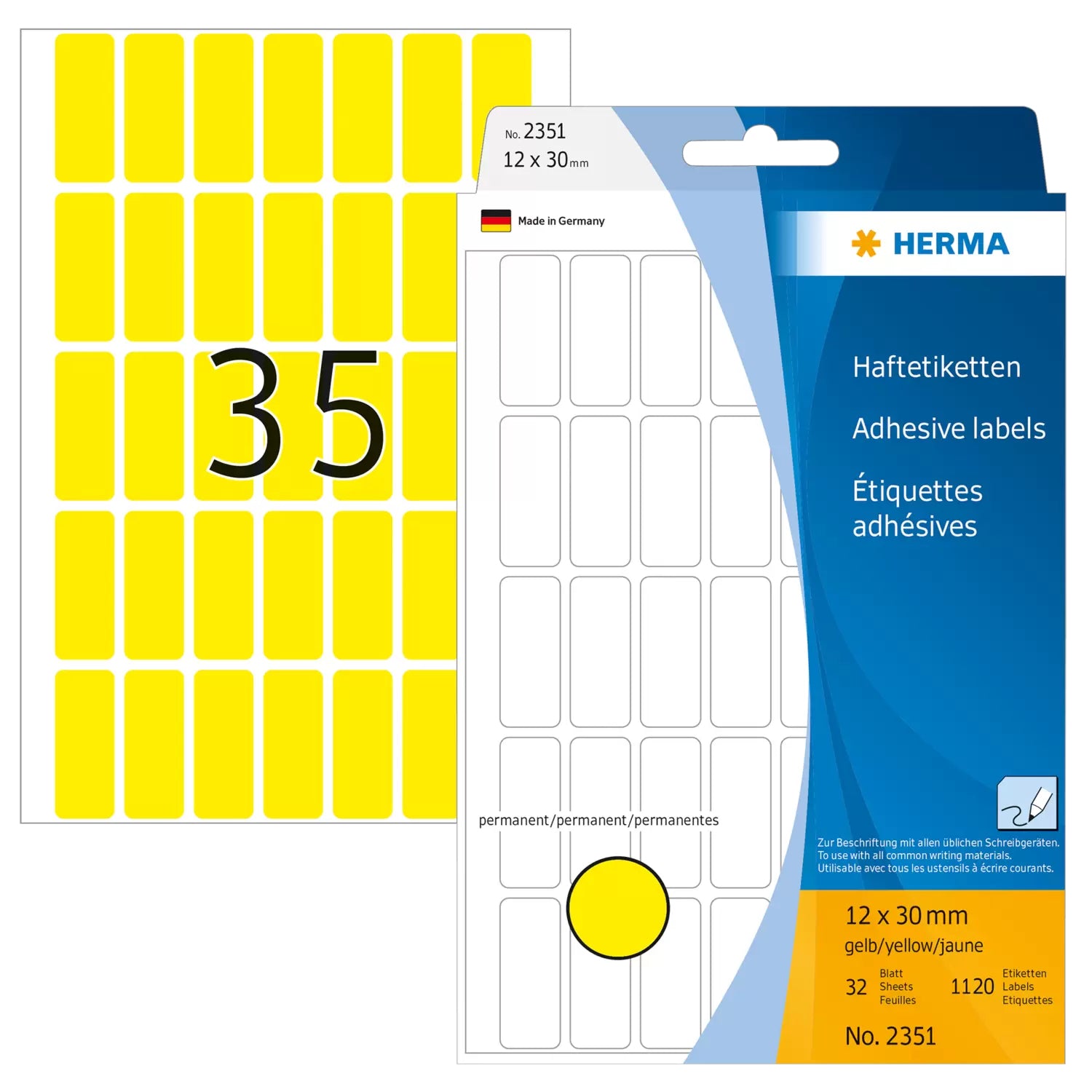 HERMA Haftetiketten – rechteckig, abgerundete Ecken 12 × 30 mm, permanent, gelb, 32 Blatt (1'120 Stk.)