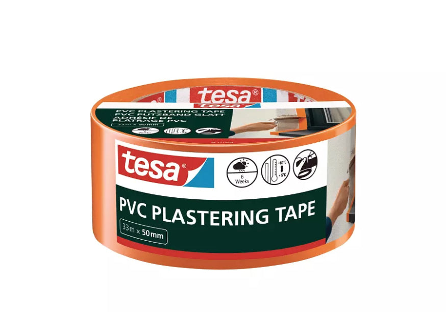 TESA Putzband, orange – 50 mm × 33 m, PVC, innen/aussen, temperaturbeständig bis 60 °C