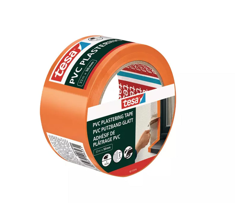 TESA Putzband, orange – 50 mm × 33 m, PVC, innen/aussen, temperaturbeständig bis 60 °C