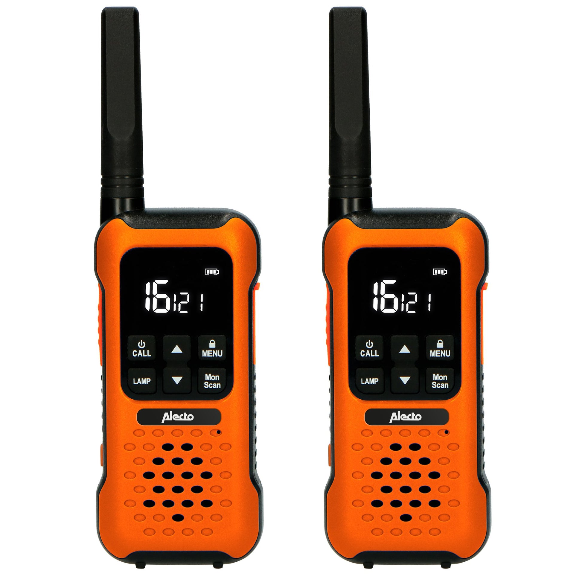Alecto FR-300OE – Funkgerät (2er-Set), PMR 446 MHz, 16 Kanäle, Reichweite bis 10 km, IPX7, Orange