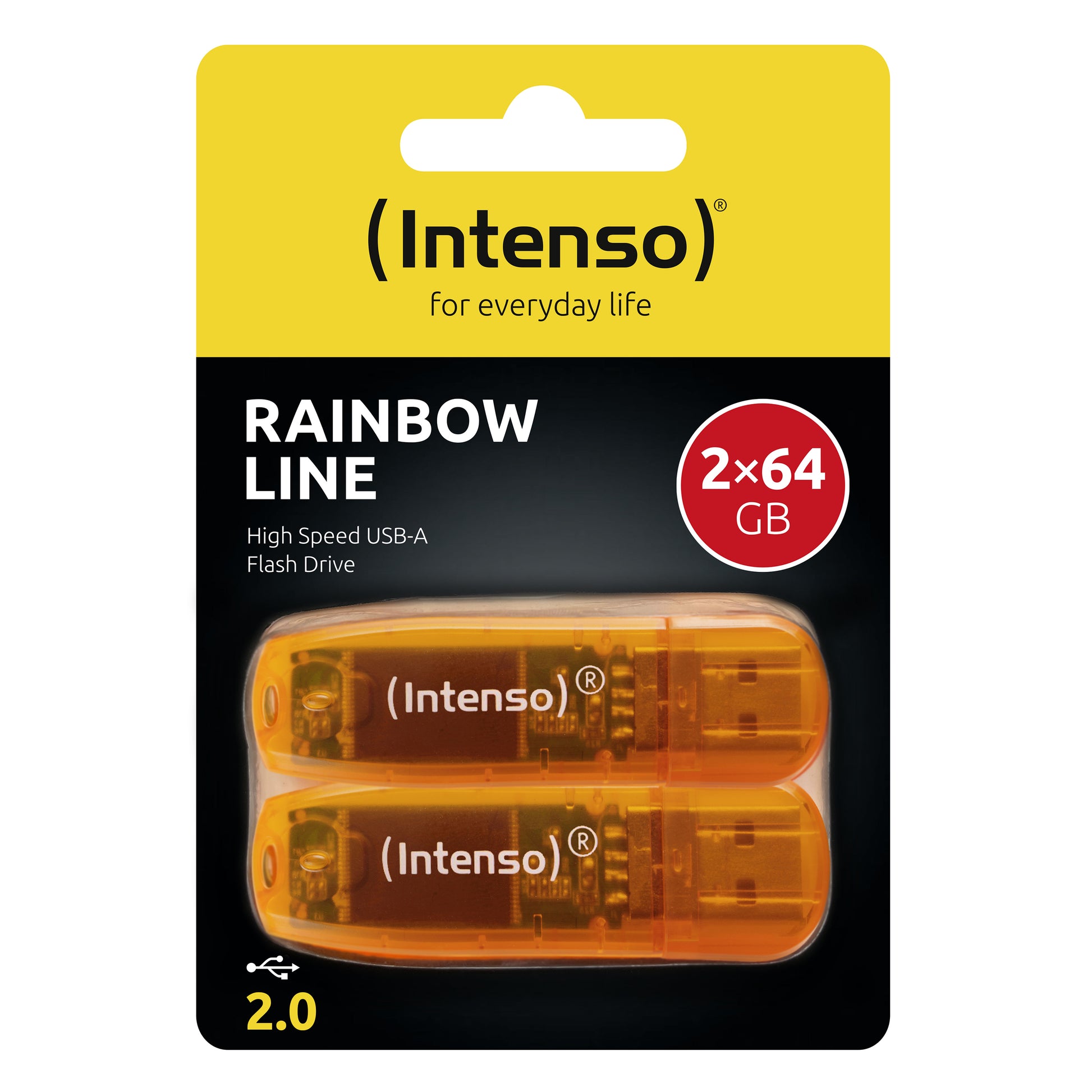 Intenso Rainbow Line USB-Stick 64 GB – USB-A USB 2.0, 28/6,5 MB/s, mit Kappe, Orange, 2er Pack