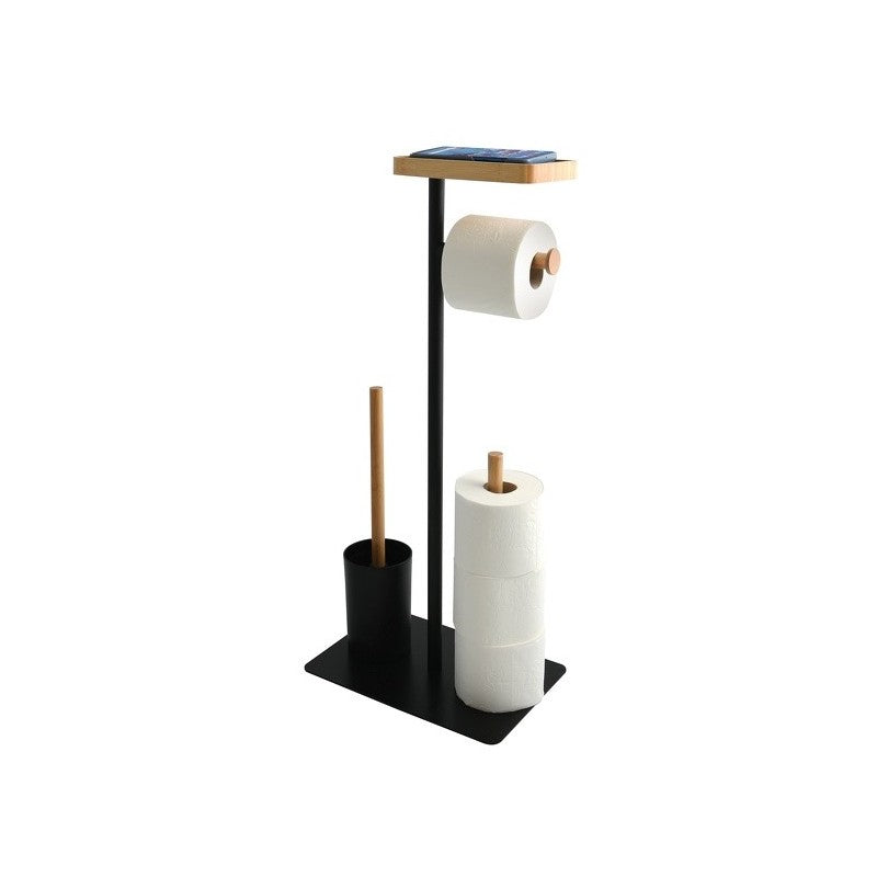 MSV Toilettengarnitur Teiki – Bambus/Stahl, Schwarz matt, mit Klobürstenhalter, 29,5 × 20,0 × 67,0 cm